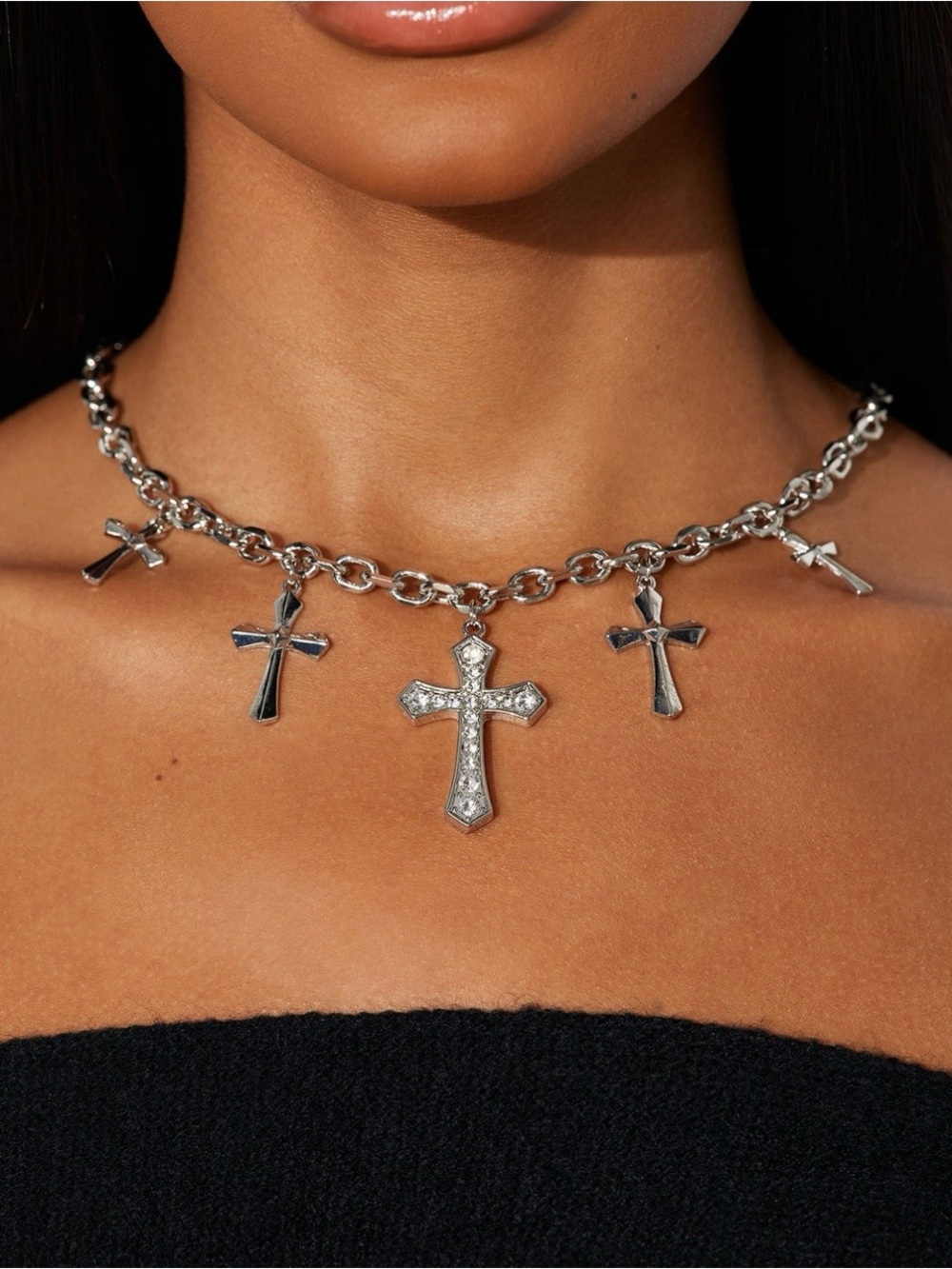 Silver Cross Charm Chain Necklace - Women Jewelry